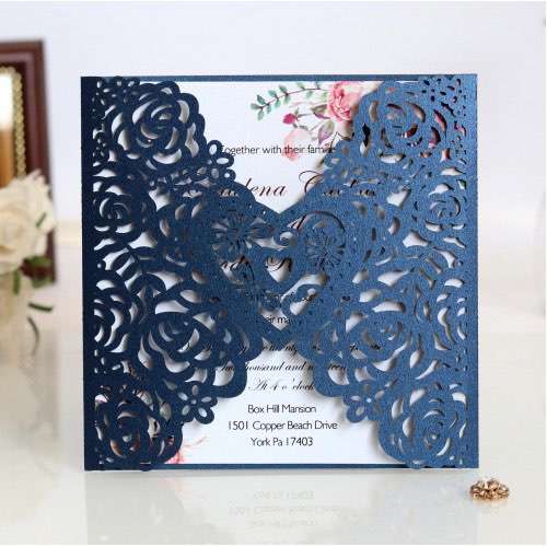 Square Invitation Card Laser-hollowed Design Dark Blue Iridescent Paper Wholesale